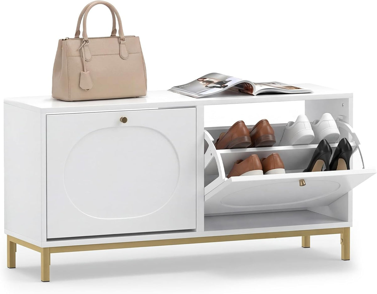 GOFLAME Shoe Storage Bench, Narrow Entryway Bench with 2 Flip Drawers, Adjustable Shelves and Metal Legs, Modern Shoe Rack Organizer, Shoe Cabinet for Hallway, Living Room, Bedroom
