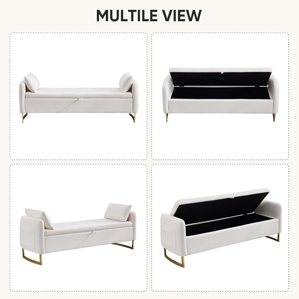 Storage Bench for Bedroom, 65 Inch End of Bed Storage Bench Cream | Chenille End of Bed Bench King Size Tufted Upholstered and Gold Legs, Bedroom Bench with Storage, Arms, 2 Pillows, for Window