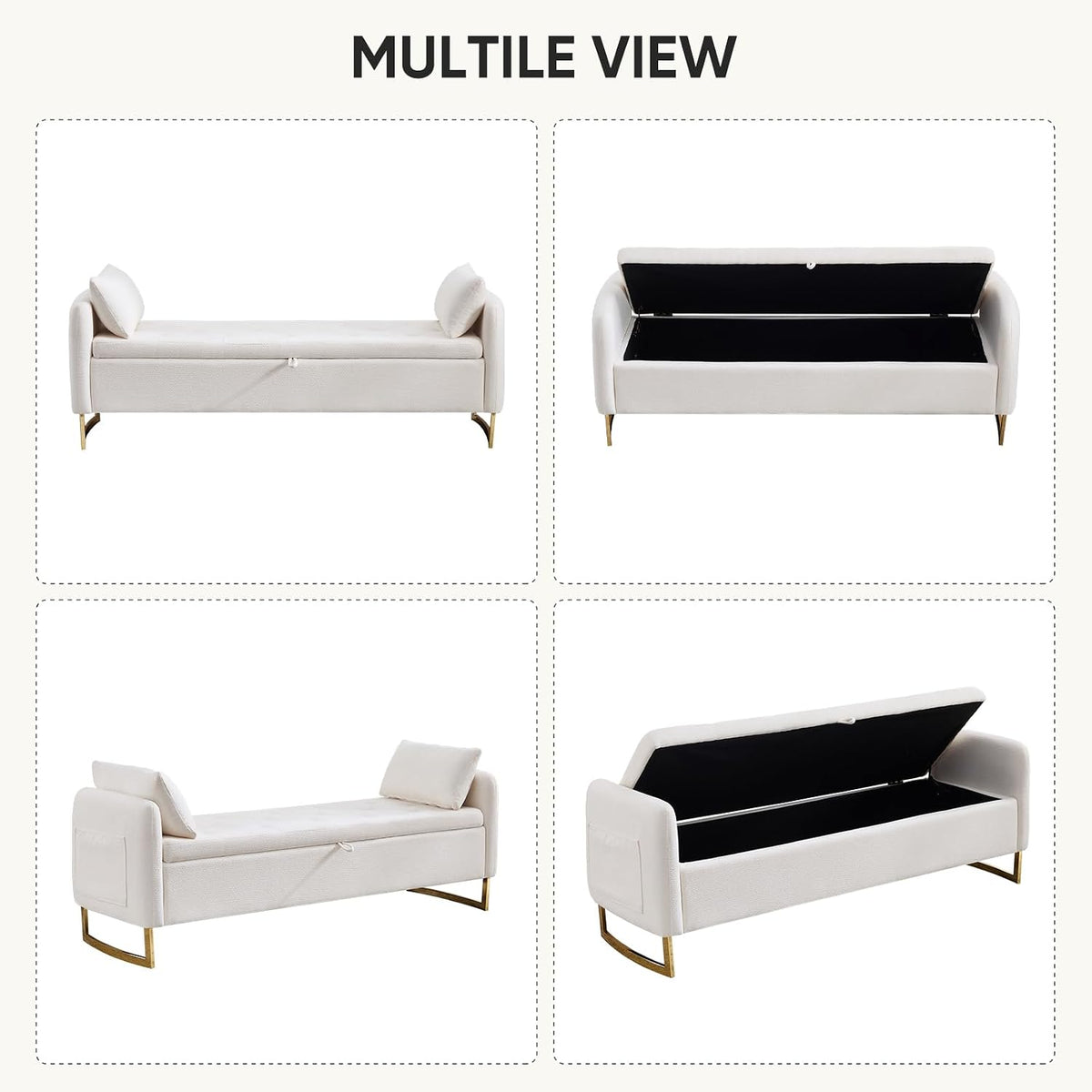 Storage Bench for Bedroom, 65 Inch End of Bed Storage Bench Cream | Chenille End of Bed Bench King Size Tufted Upholstered and Gold Legs, Bedroom Bench with Storage, Arms, 2 Pillows, for Window