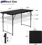 4FT Folding Table Heavy Duty 350 LBS, 3 Adjustable Heights Fold-in-Half Portable Table with HDPE Waterproof Top for Camping, Party, Craft, Card Game - Coffee Table to Dining Height, Indoor Outdoor