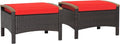 DORTALA Outdoor Ottoman Wicker 2 Piece, Square Patio Ottomans PE Rattan Foot Rest Footstool with Cushions for Couch, Chair, Red