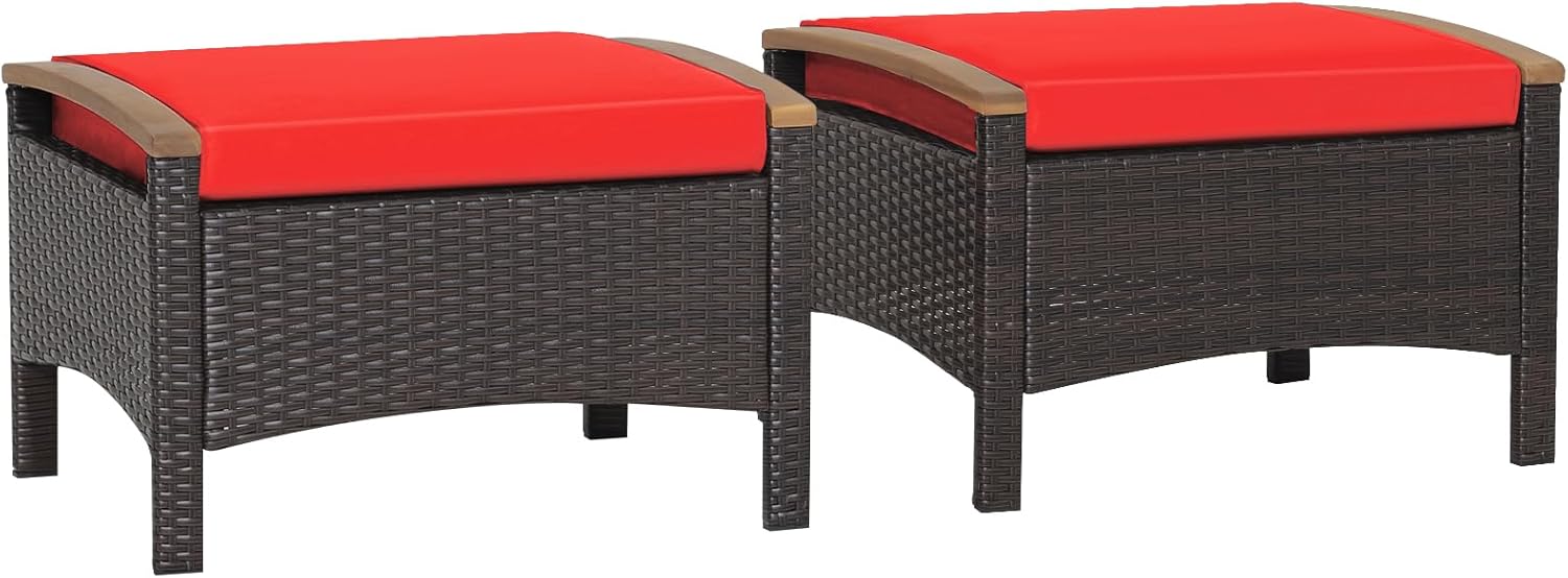 DORTALA Outdoor Ottoman Wicker 2 Piece, Square Patio Ottomans PE Rattan Foot Rest Footstool with Cushions for Couch, Chair, Red