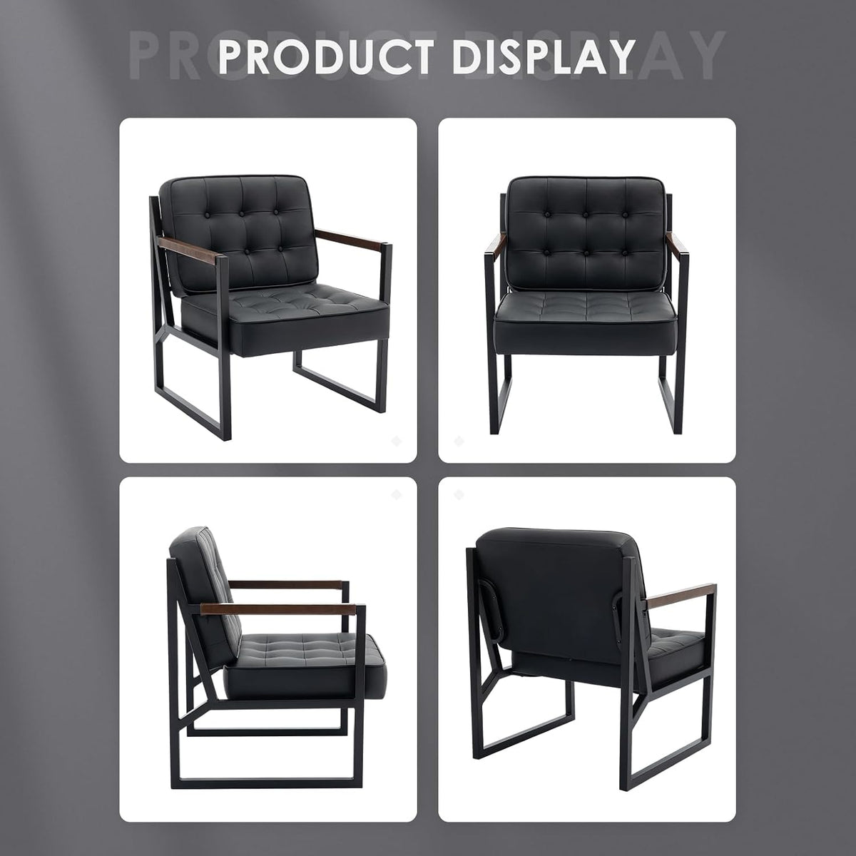 MALOL Mid Century Modern Accent Chair Set of 2, Comfy Living Room Chair, Black Leather Accent Chair, Faux Leather Reception Armchair with Metal Legs for Living Room Bedroom Reception Office, Black