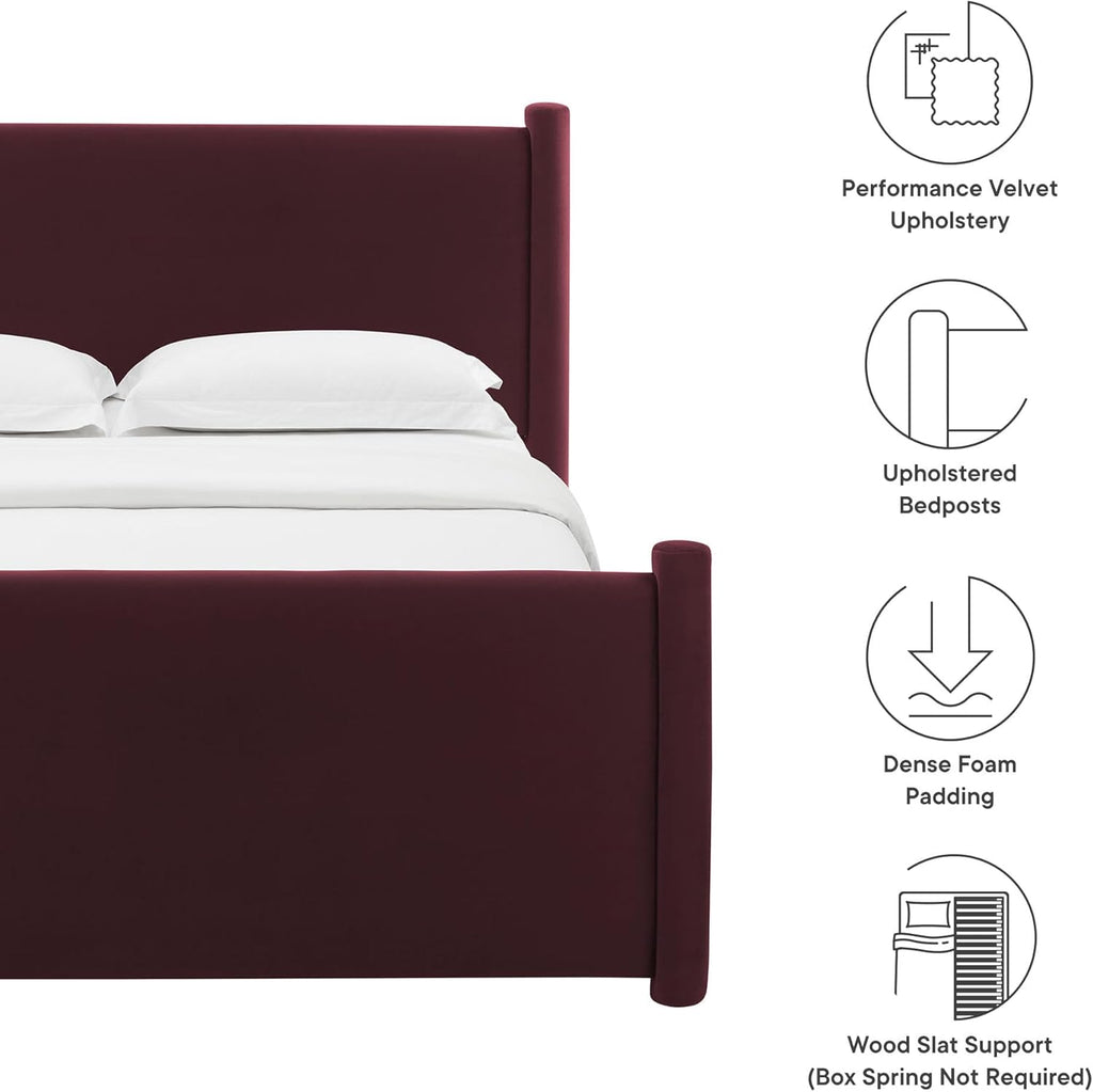 Modway Rael Queen Platform Bed Frame with Upholstered Headboard and Footboard in Mulberry – Stain-Resistant Performance Velvet Queen Size Bed with Rounded Posts