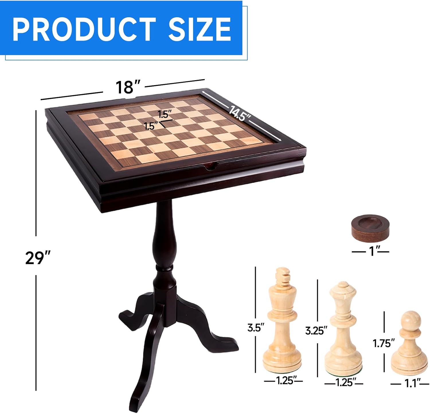 GSE Wooden 3-in-1 Chess Checkers Backgammon Game Table Set with Game Pieces | Game Room Furniture Table, Board Game Table, Removable Table Top, Large Storage Area, For Family Board Games