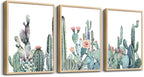 Framed Wall Art For Living Room Wall Decor Bedroom Wall Picture Artwork Of 3 Piece Green Plants Succulent Cactus Flower Painting Ready To Hang Modern Kitchen Home Decoration (Natural Wood Framed)