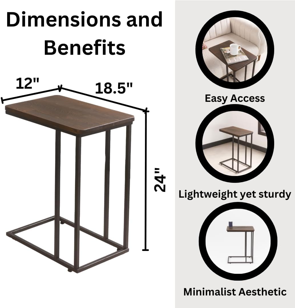 C-Shaped Handmade Solid Wood End Table, Side Table for Couches, Sofa Tables Slide Under Couch for Living Room, Over Couch TV Tray Table for Small Spaces with Metal Legs (Dark Walnut)