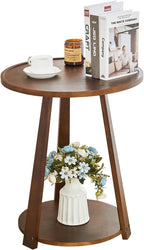 Round Living Room End Table - Walnut Solid Wood Round Side Table with Lower Shelf for Living Room Couch, Bedroom Nightstand