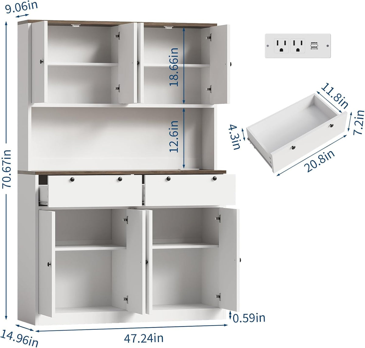 Garvee 71" Tall Kitchen Pantry Storage Cabinet with Charging Station, Food Hutch with Drawers, Doors, Shelves, and Countertop for Dining Room