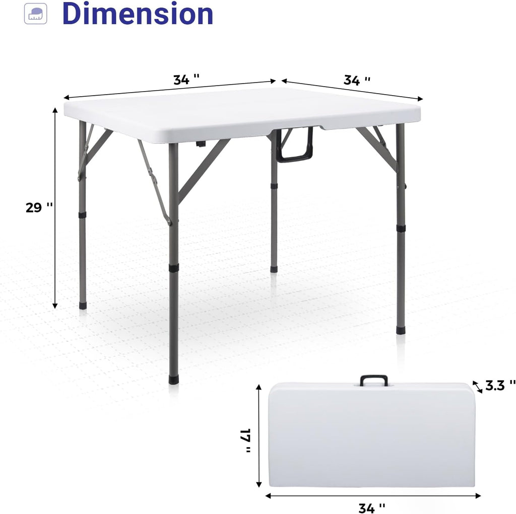 34" Square Folding Card Table,Fold-in-Half Utility Portable Table,White | Heavy Duty HDPE Tabletop,Carrying Handle,Removable Legs with Two Height,Indoor Outdoor for Picnic,Camping,Party,Game
