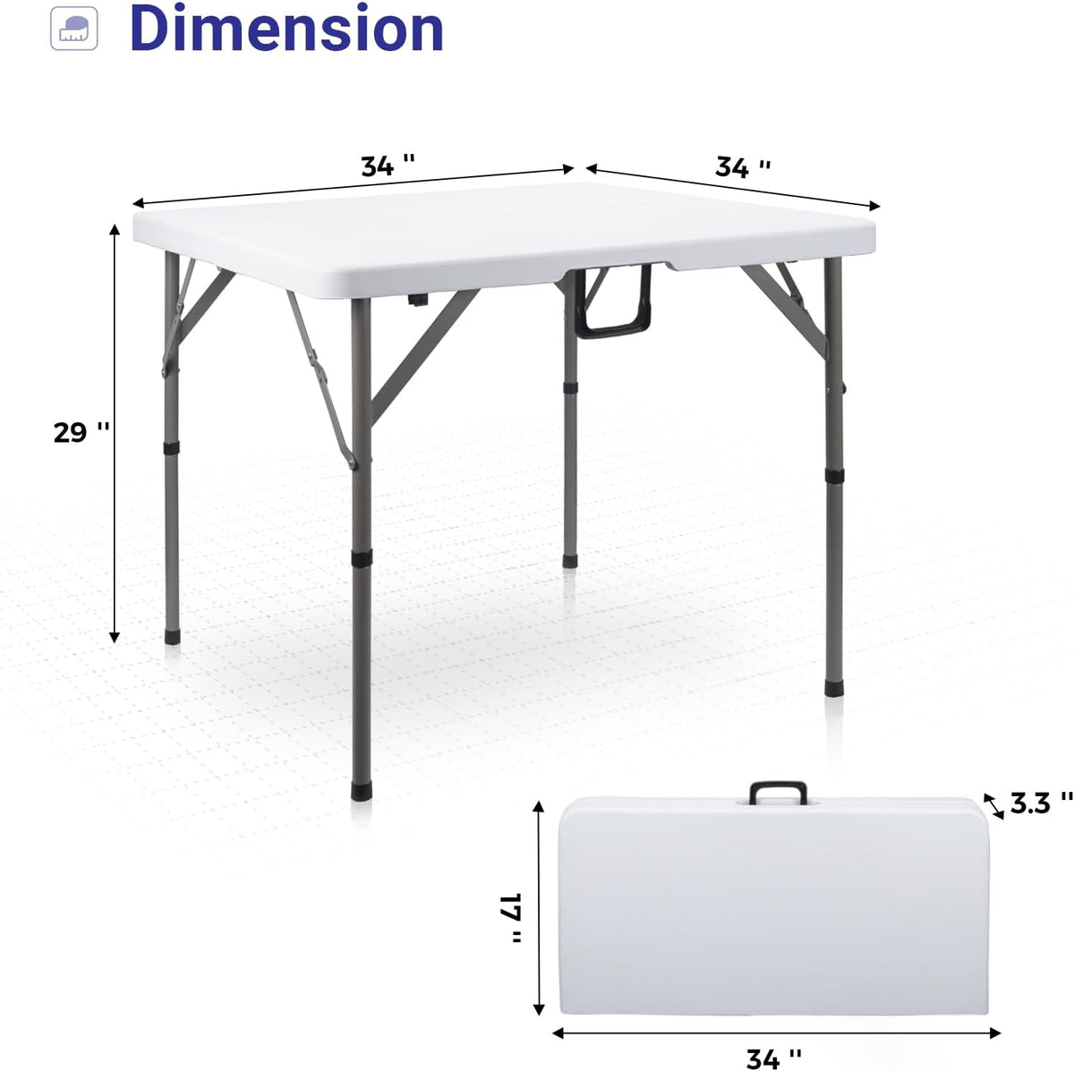 34" Square Folding Card Table,Fold-in-Half Utility Portable Table,White | Heavy Duty HDPE Tabletop,Carrying Handle,Removable Legs with Two Height,Indoor Outdoor for Picnic,Camping,Party,Game