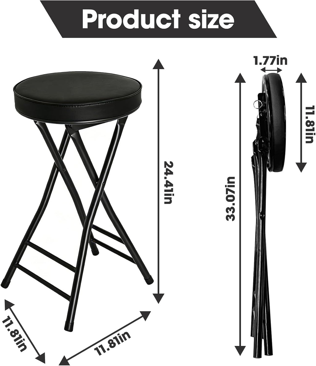 Folding Stool,24 Inch Foldable Portable Height Bar Stools Chair | Adult Tall Collapsible Leather Padded Chair for Kitchen Living Room Garden Camping Fishing
