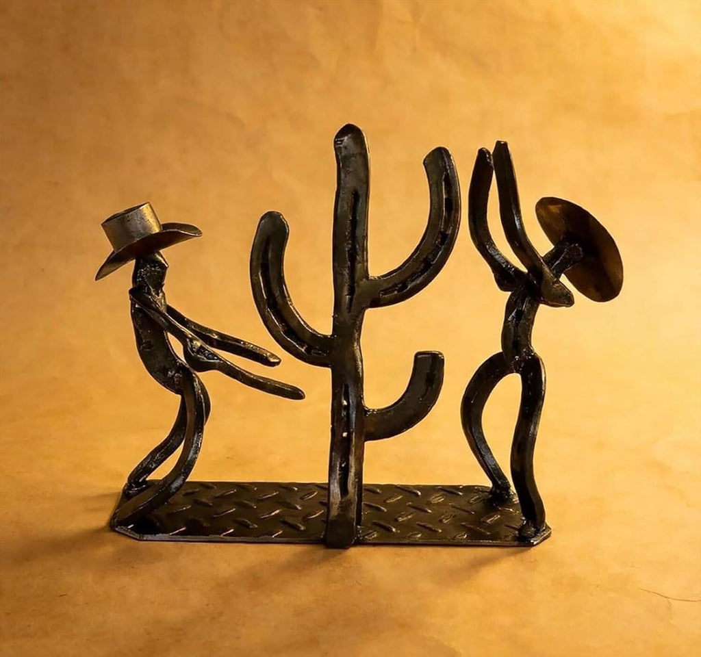 Cowboy Wine Bottle Holder Gift for Men - Heavy Duty Metal Cactus Wine Rack - Rustic Western Decor Countertop Stand - Unique Southwestern Sculpture for Bar, Kitchen, Office