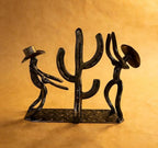 Cowboy Wine Bottle Holder Gift for Men - Heavy Duty Metal Cactus Wine Rack - Rustic Western Decor Countertop Stand - Unique Southwestern Sculpture for Bar, Kitchen, Office
