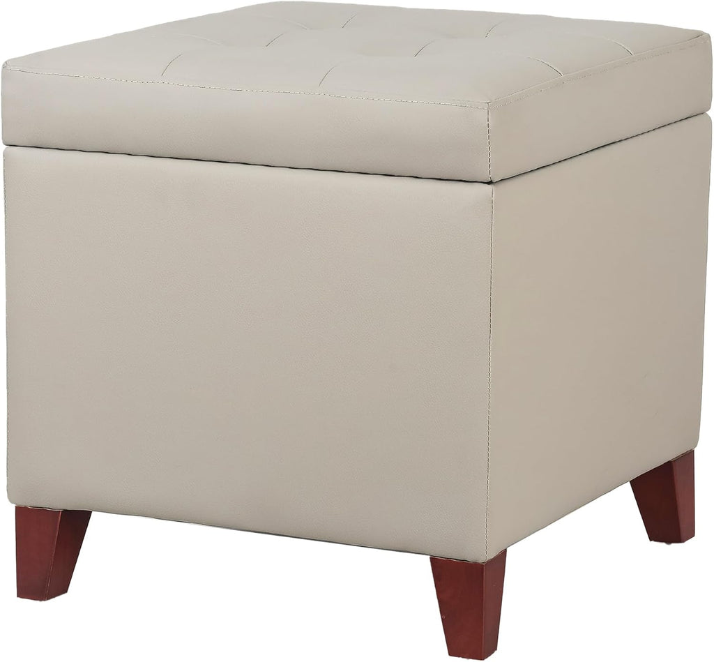 Leather Ottoman with Storage Beige-Grey Square Storage Ottoman | 18" Square Tufted Footstool Cube with Hinged Lid Upholstered Foot Rest Stool for Living Room, Bedroom & Entryway