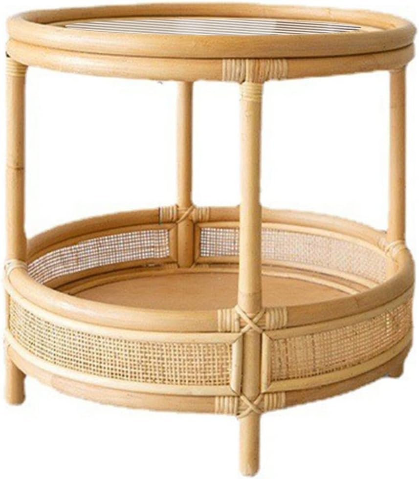 Mlaea Double-Layer Round Rattan Surface/Glass Surface Small Table, Living Room Sofa Side Shelf, Telephone Holder, Large Capacity, Country Style(Size:55 * 51cm,Color:B)