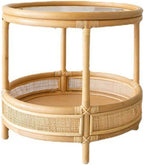 Mlaea Double-Layer Round Rattan Surface/Glass Surface Small Table, Living Room Sofa Side Shelf, Telephone Holder, Large Capacity, Country Style(Size:55 * 51cm,Color:B)