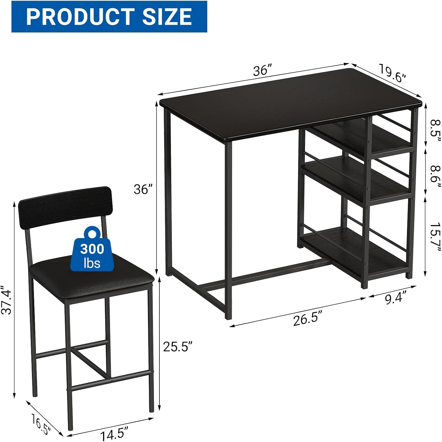 3 Piece Counter Height Dining Table Set for 2 with 3-Tier Storage Open Shelves & Upholstered PU Cushion Chairs, Space Saving Kitchen Table for Small Spaces, Apartment, Pub, Breakfast, Black