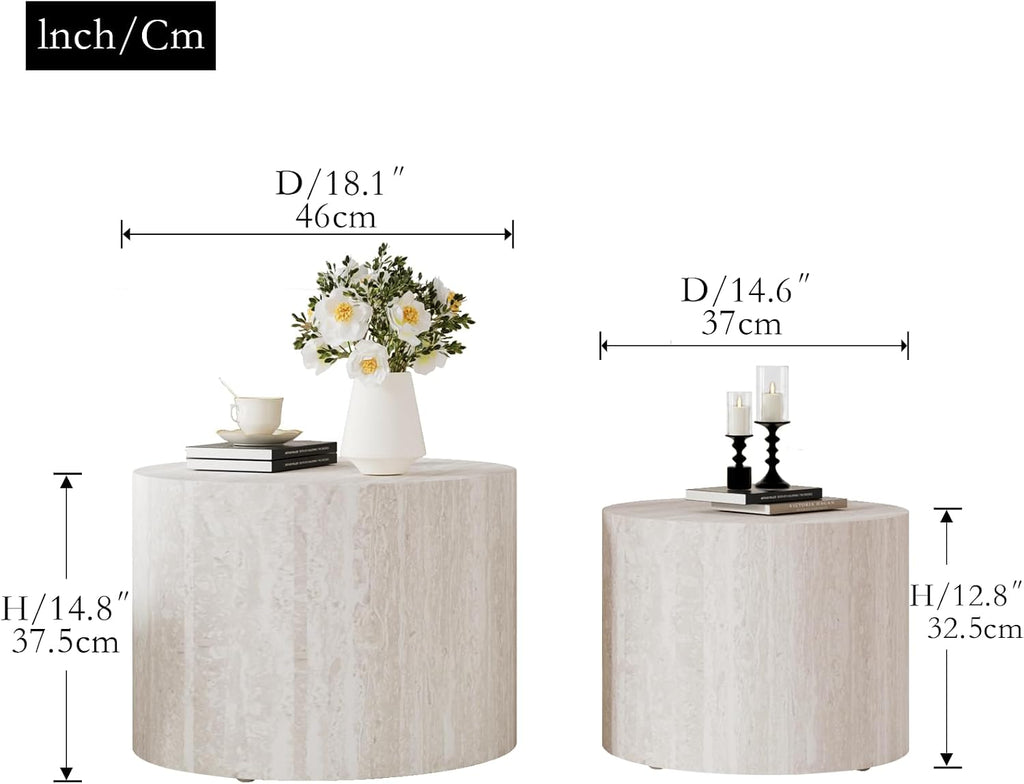 2-Piece Round Nesting Coffee Table Set with Travertine Texture, Modern Stackable Side Table for Small Spaces, Waterproof Anti-Scratch Accent Table for Living Room Bedroom Balcony