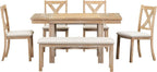 Merax 6-Piece Farmhouse Dining Table with Upholstered Chairs and Bench, Extendable Dining Table with Footrest and Two 11" Removable Leaf, Natural+Beige