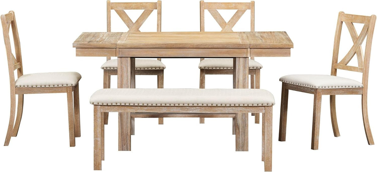 Merax 6-Piece Farmhouse Dining Table with Upholstered Chairs and Bench, Extendable Dining Table with Footrest and Two 11" Removable Leaf, Natural+Beige
