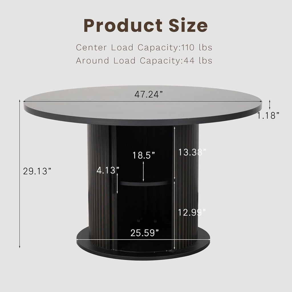 47" Round Dining Table with Hidden 2-Tier Storage Cabinet | Seats 4–6 | Mid-Century Modern Pedestal Base | Space-Saving Kitchen Table for Small Spaces, Black