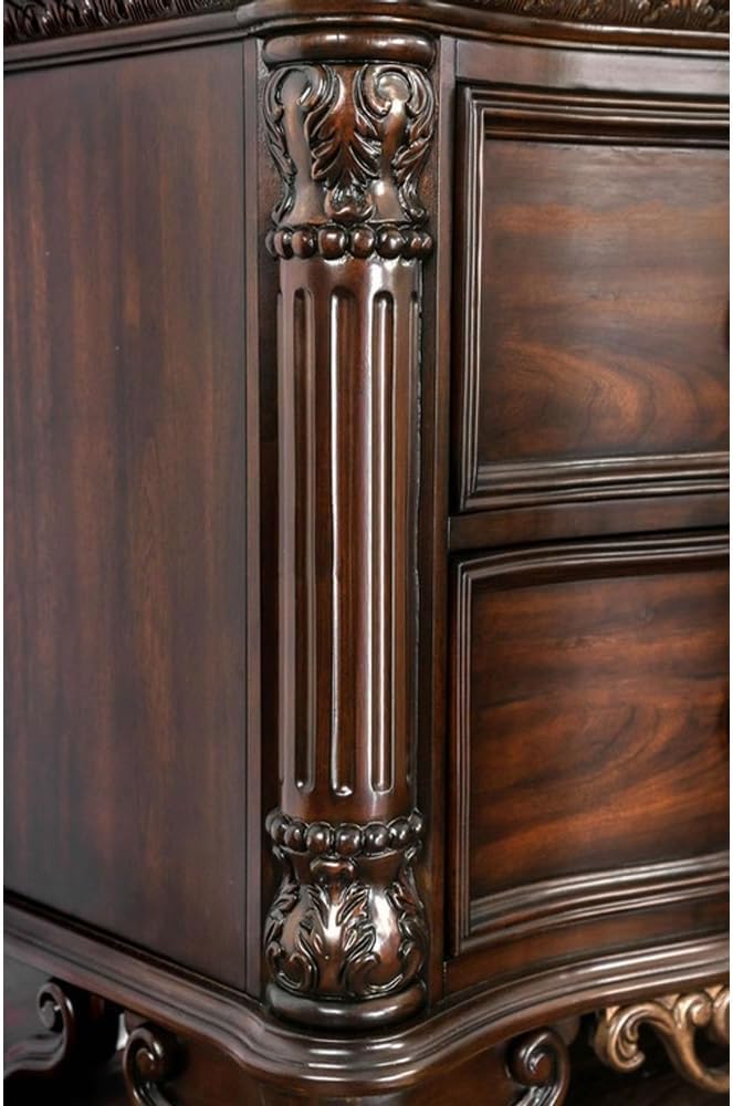 Genuine Marble Top Nightstand with 2 Drawers, Brown Cherry,for Small Spaces