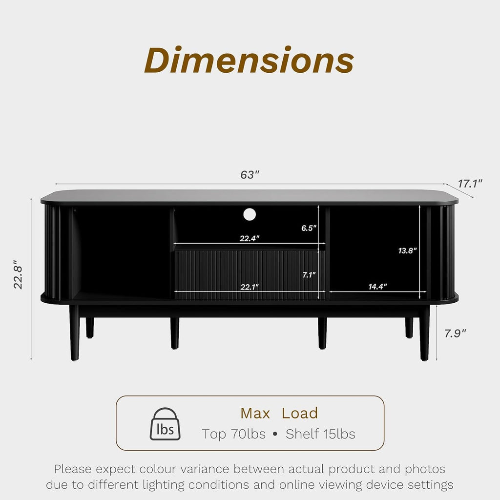 MAISONARIA Living Room Table Sets of 4, Sliding Doors End Table & TV Stand, Wood Coffee Table with Storage, Fluted TV Stand for Bedroom, Living Room (Black)