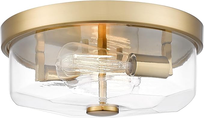 Gold Flush Mount Ceiling Light, 2-Light Hallway Light Fixtures, Modern Farmhouse Farmhouse Ceiling Light Clear Glass Brushed Gold Finish for Kitchen Porch Entryway