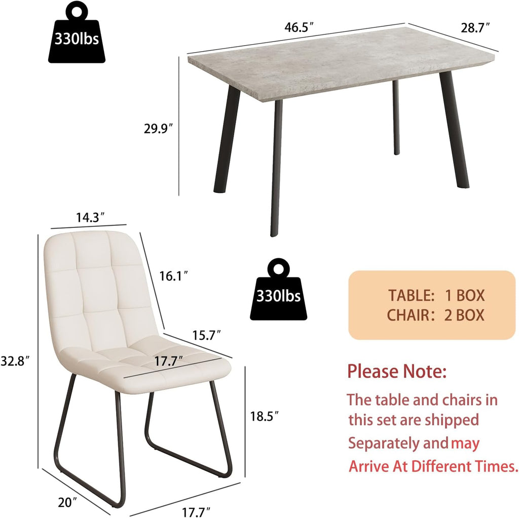 ZckyCine 47.2" Modern Grey Dining Table Set for Small Spaces, 5-Piece Set with Rectangular Table & 4 Padded Leather Chairs, Compact, Sturdy & Easy to Assemble (Table + 4 White Dining Chairs, 46.5")