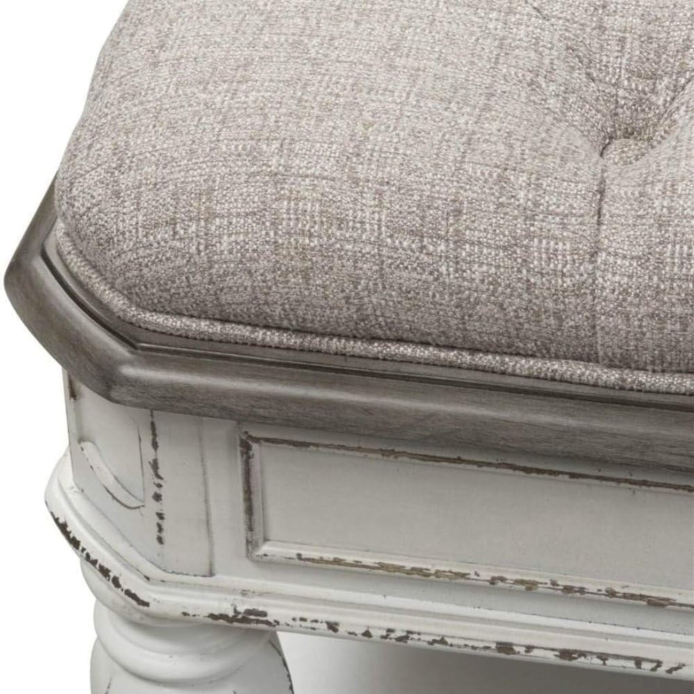 Starlight Canyon Home Antique White Bedroom Bench with Storage Shelf, Upholstered End of Bed Bench with Faceted Legs and Ivory Tweed Seat for Elegant Comfort
