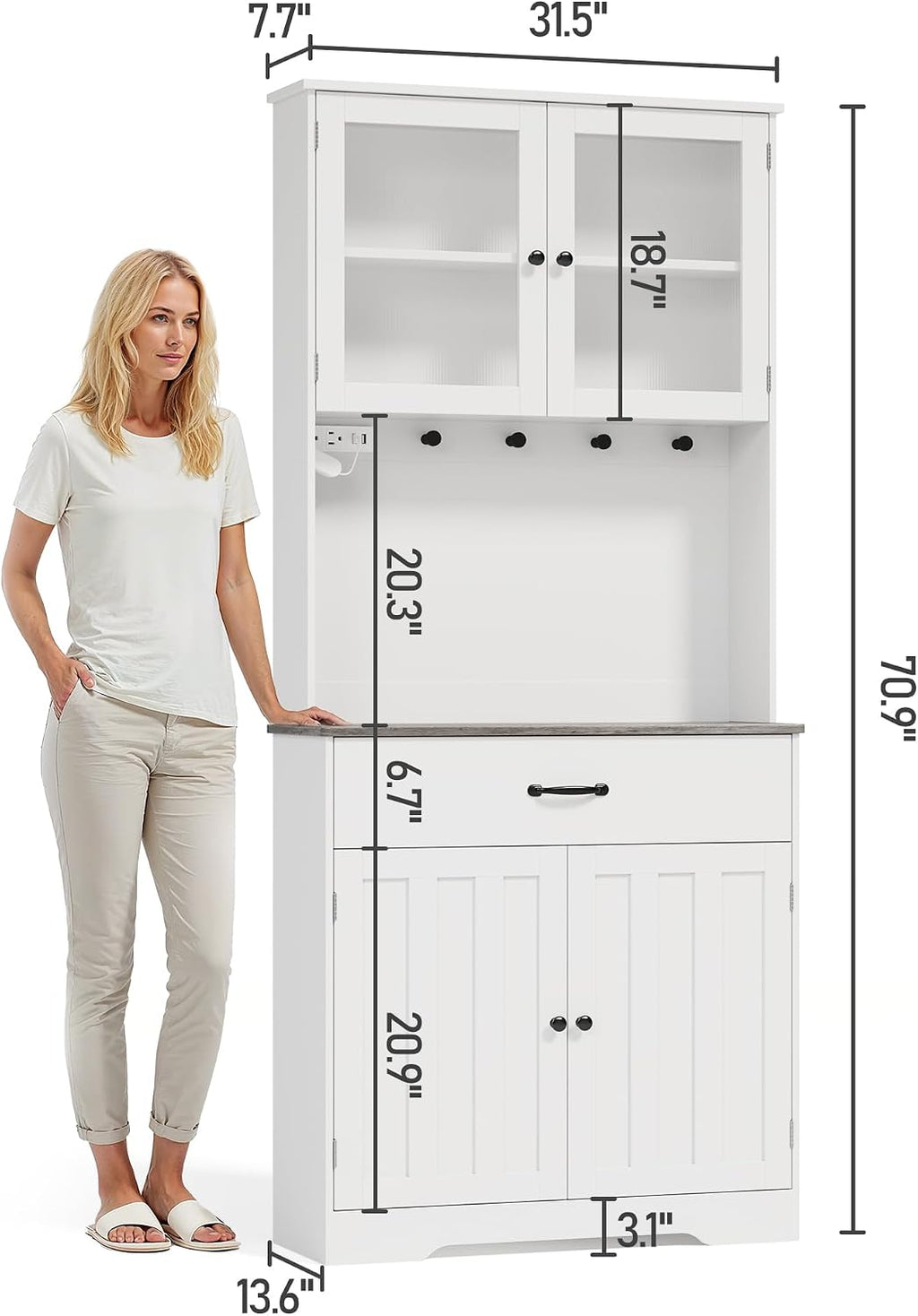 Gizoon 71" H Pantry Cabinet with Strip Light, Drawers | Coffee Bar with Doors, White Kitchen Hutch with Charging Station and Adjustable Shelves, for Dining Room, Table Top-Retro