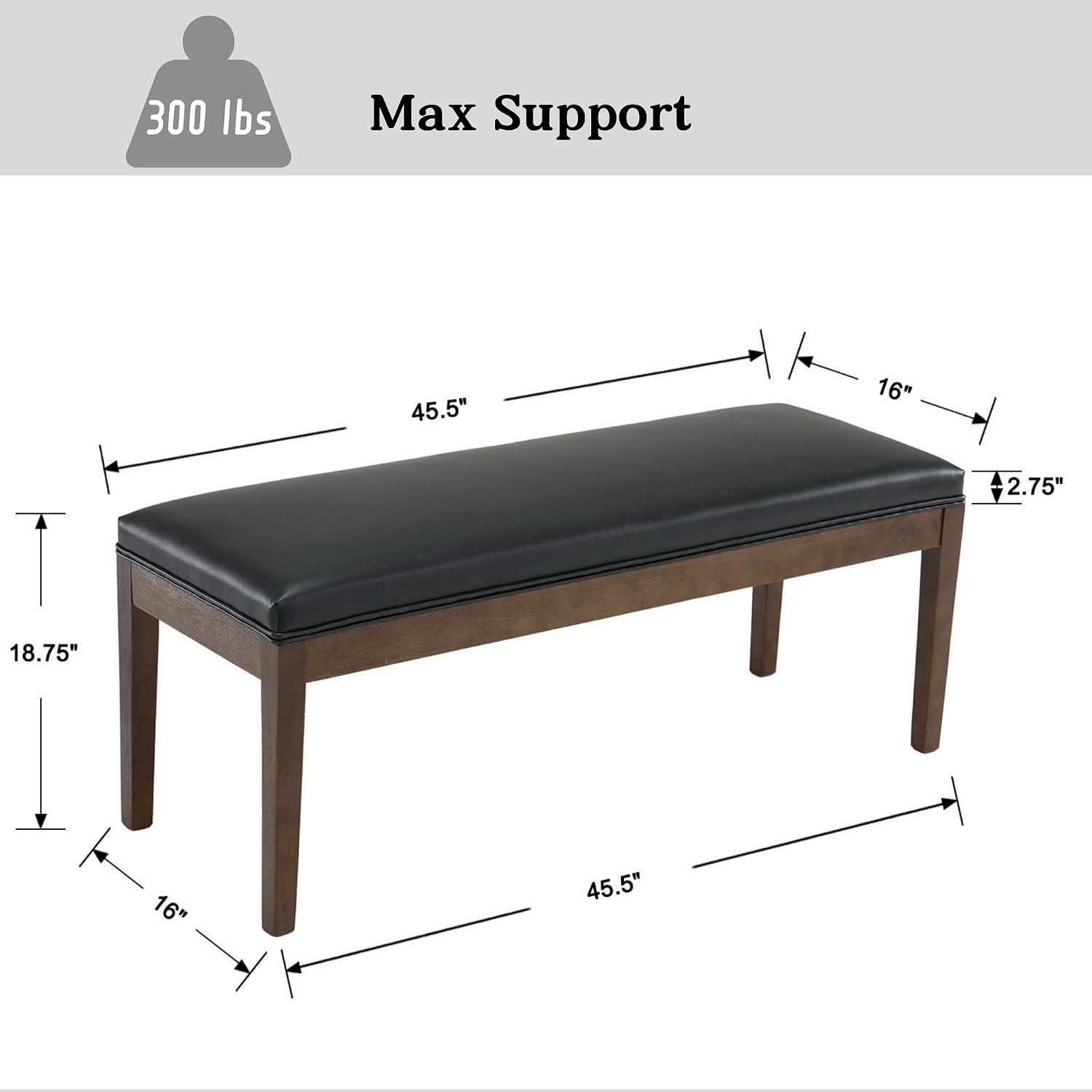 PU Leather Entryway Bench Farmhouse Dining Benches Upholstered Bedroom Bench Shoe Bench Seat for Hallway Living Room Bedroom End of Bed, 16" D x 45.5" W x 18.75" H, Black