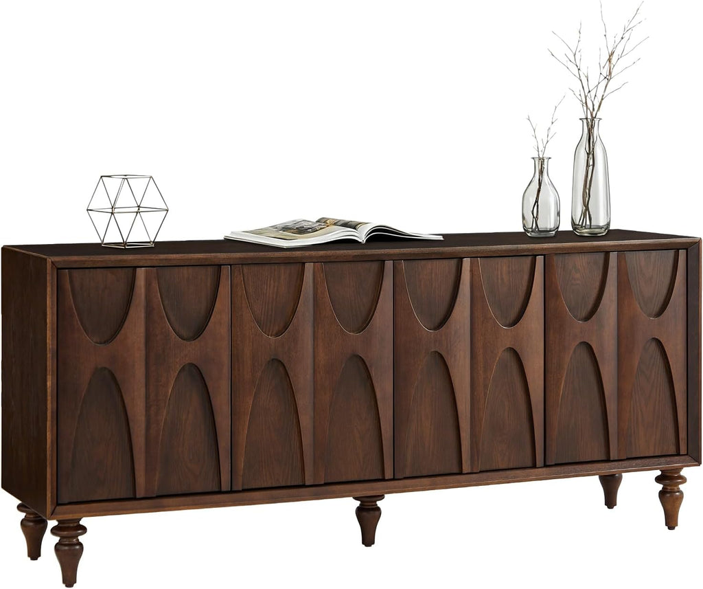 LKTART 62.99" Sideboard Buffet Cabinet with Storage, Solid Wood Kitchen Storage Cabinet Credenza Accent Console Table with Solid Wood Roman Legs Dovetail Door Trim Panel Ash Veneer,Walnut