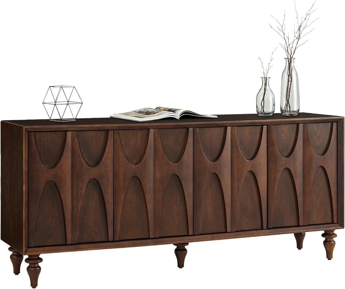 LKTART 62.99" Sideboard Buffet Cabinet with Storage, Solid Wood Kitchen Storage Cabinet Credenza Accent Console Table with Solid Wood Roman Legs Dovetail Door Trim Panel Ash Veneer,Walnut