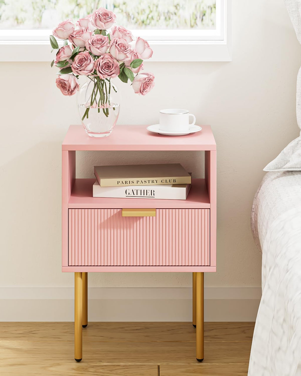 Nightstand,Morden Bedside Table with Gold Frame,Small Night Stand,End Table,Bedside Furniture,Side Table with Drawer and Shelf for Bedroom,Living Room (1Drawer, Pink)