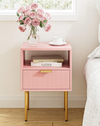 Nightstand,Morden Bedside Table with Gold Frame,Small Night Stand,End Table,Bedside Furniture,Side Table with Drawer and Shelf for Bedroom,Living Room (1Drawer, Pink)