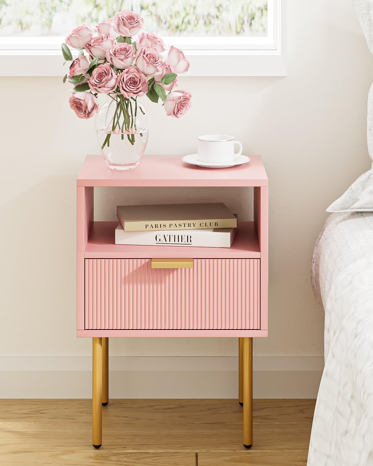 Nightstand,Morden Bedside Table with Gold Frame,Small Night Stand,End Table,Bedside Furniture,Side Table with Drawer and Shelf for Bedroom,Living Room (1Drawer, Pink)
