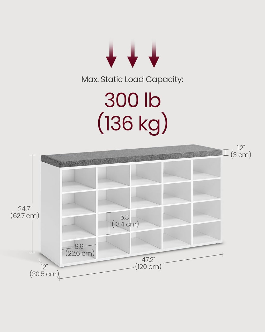 VASAGLE Custos Collection - Shoe Bench, Storage Bench with Padded Seat, Entryway Bench with 20 Compartments, for Bedroom, 12 x 47.2 x 24.7 Inches, Cloud White and Dove Gray ULHS045WB01