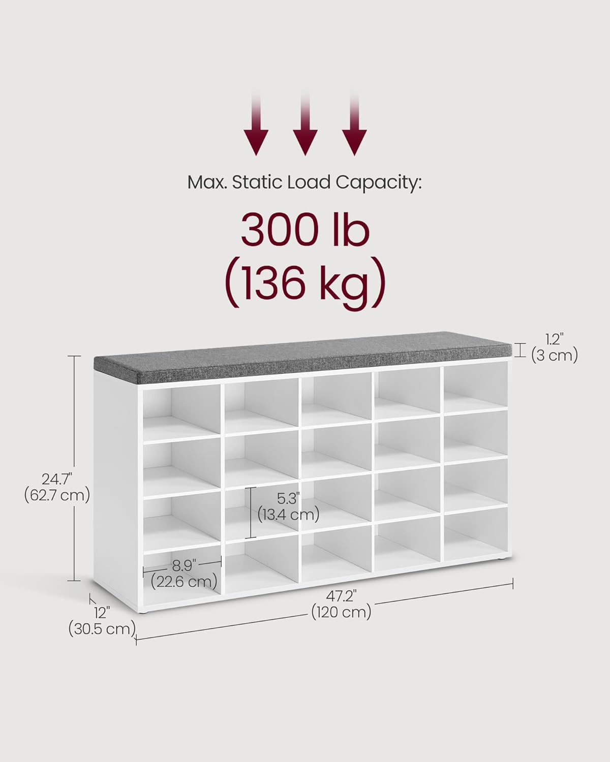 VASAGLE Custos Collection - Shoe Bench, Storage Bench with Padded Seat, Entryway Bench with 20 Compartments, for Bedroom, 12 x 47.2 x 24.7 Inches, Cloud White and Dove Gray ULHS045WB01