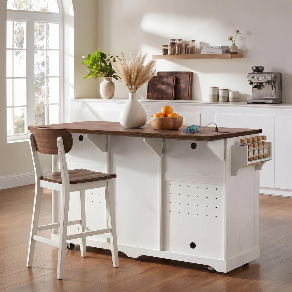 Merax 72" L White Rolling Kitchen Island with Fridge Storage Space | Coffee Bar Cabinet Kitchen Table on Wheels with Drop Leaf, 4 Drawers, Sliding Barn Door and Glass Holder