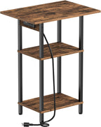 Asgolion Tall End Table with Charging Station, Skinny Nightstand with USB Ports and Outlets, 3 Tier Narrow Side Table with Storage for Bedroom, Living Room, Office, Rustic Brown and Black