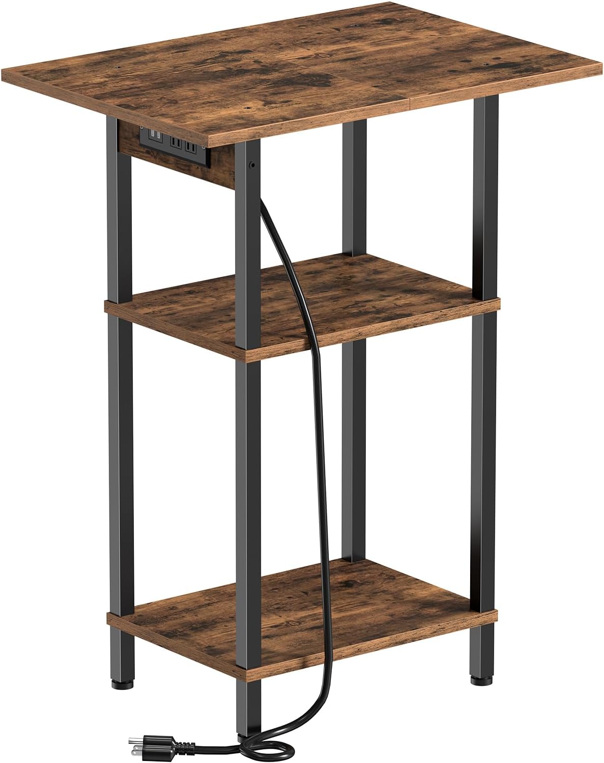 Asgolion Tall End Table with Charging Station, Skinny Nightstand with USB Ports and Outlets, 3 Tier Narrow Side Table with Storage for Bedroom, Living Room, Office, Rustic Brown and Black