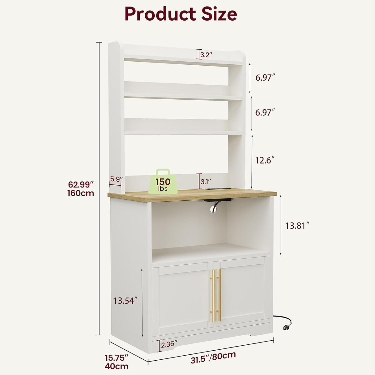 IDEALHOUSE Bakers Rack with Storage Cabinet, Microwave Stand with Power Outlets, Farmhouse Bakers Rack with Thick Table Top, Small Kitchen Bakers Rack for Kitchen,Dining Room,White & Peer Wood