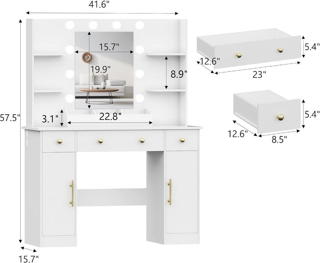 Wodeer Makeup Vanity Desk with Mirror and Lights, 43" White Vanity Set with 3 Drawers, Power Outlet & Adjustable RGB LED Lights, Dressing Table with Storage Shelf for Women & Girls Bedroom