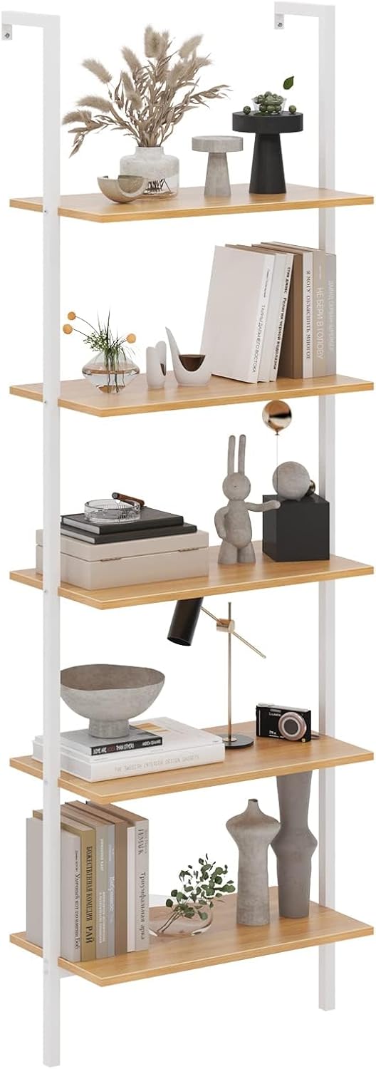 sogesfurniture Industrial Wall-Mounted Ladder Shelf, Wall-Mounted Bookshelf, 5-Tier Industrial Display Bookcase, Utility Storage Rack Shelf for Home, Living Room, Bedroom, Office SF02WT060WH