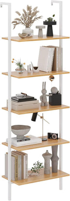 sogesfurniture Industrial Wall-Mounted Ladder Shelf, Wall-Mounted Bookshelf, 5-Tier Industrial Display Bookcase, Utility Storage Rack Shelf for Home, Living Room, Bedroom, Office SF02WT060WH