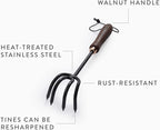 Barebones Cultivator - Weed Remover Tool - Garden Rake and Weeding Tool for Yard Work - Stainless Steel Cultivator for Raking Soil (Walnut/Black)
