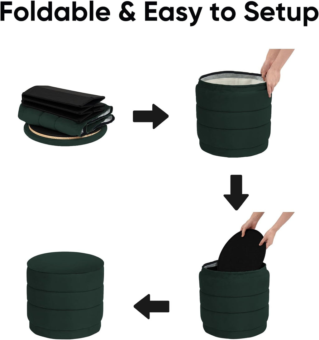 15.4" Round Velvet Storage Ottoman with Reversible Lid, Upholstered Circular Ottoman Footrest with Hidden Storage, Foldable Padded Footstool for Dorm Living Room & Bedroom, Bottle Green