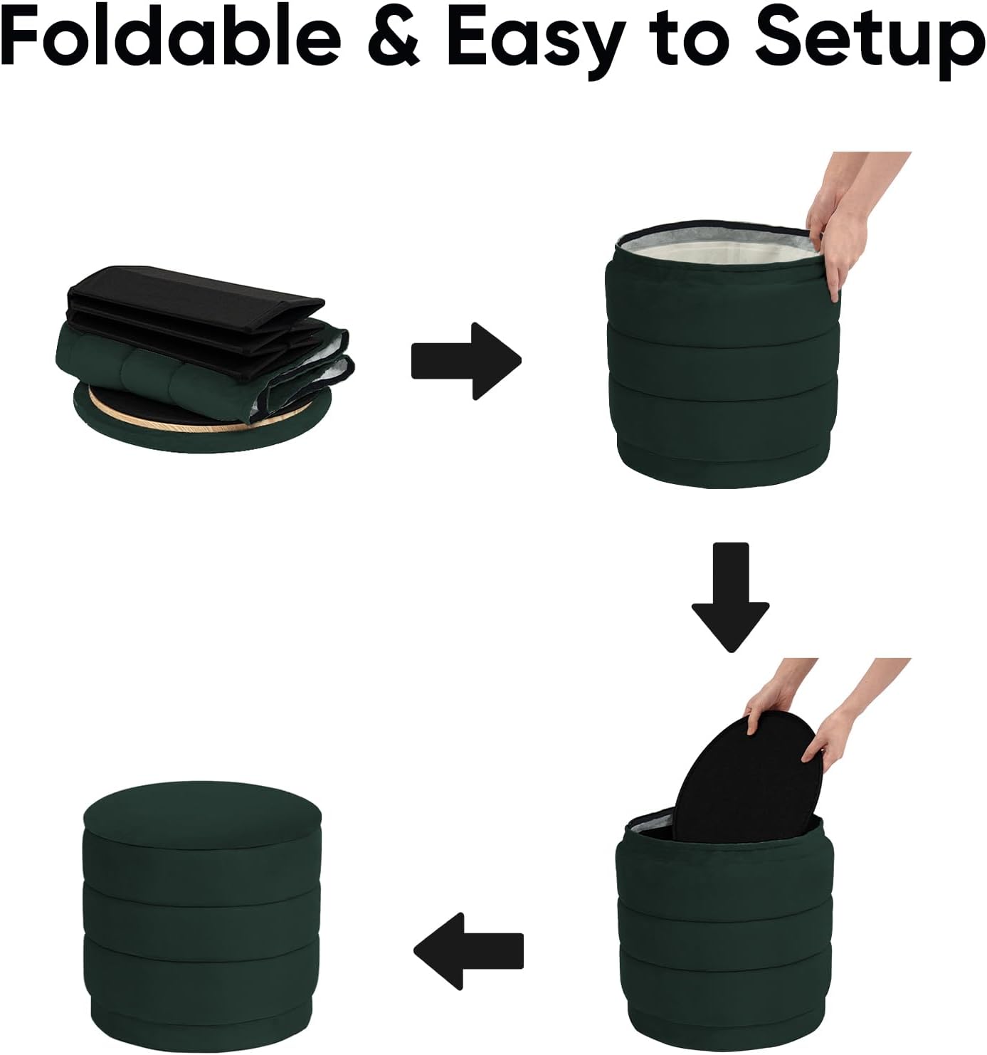 15.4" Round Velvet Storage Ottoman with Reversible Lid, Upholstered Circular Ottoman Footrest with Hidden Storage, Foldable Padded Footstool for Dorm Living Room & Bedroom, Bottle Green